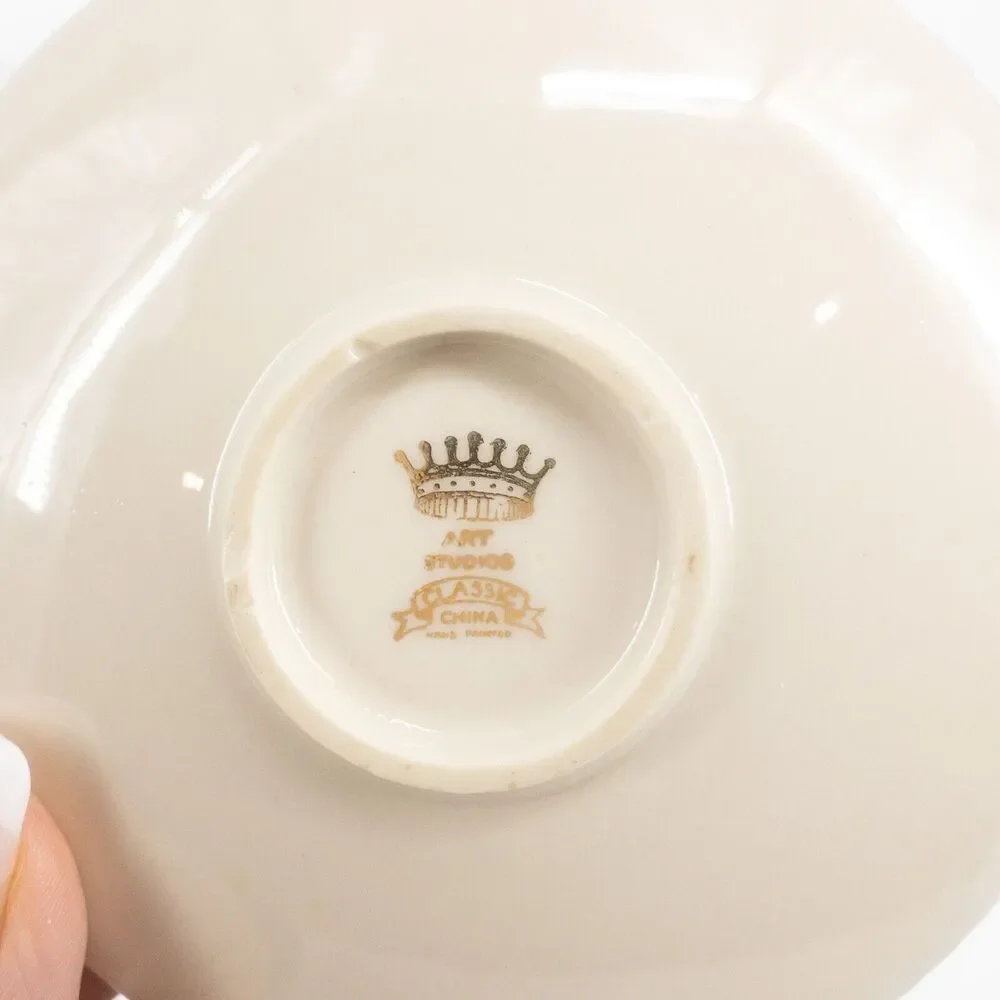 Tolpin Art Studios Teacup Saucer Flowers Pink Yellow Blue Gold Gilt Hand Painted